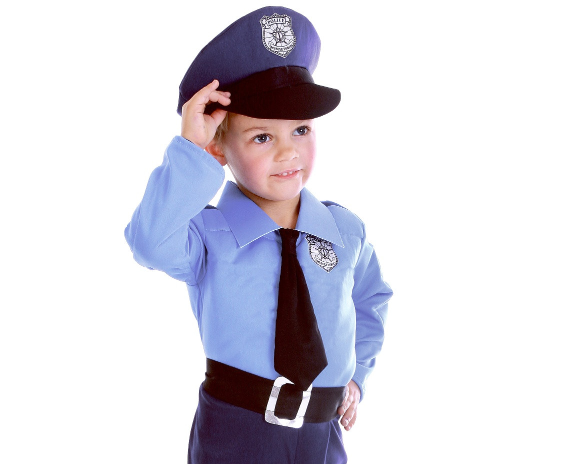 Blue Policeman role-play set for kids (hat, shirt with tie, pants, belt), size 92/104 cm