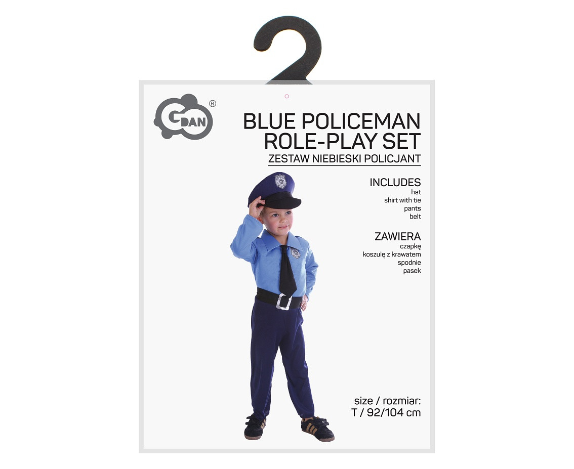 Blue Policeman role-play set for kids (hat, shirt with tie, pants, belt), size 92/104 cm