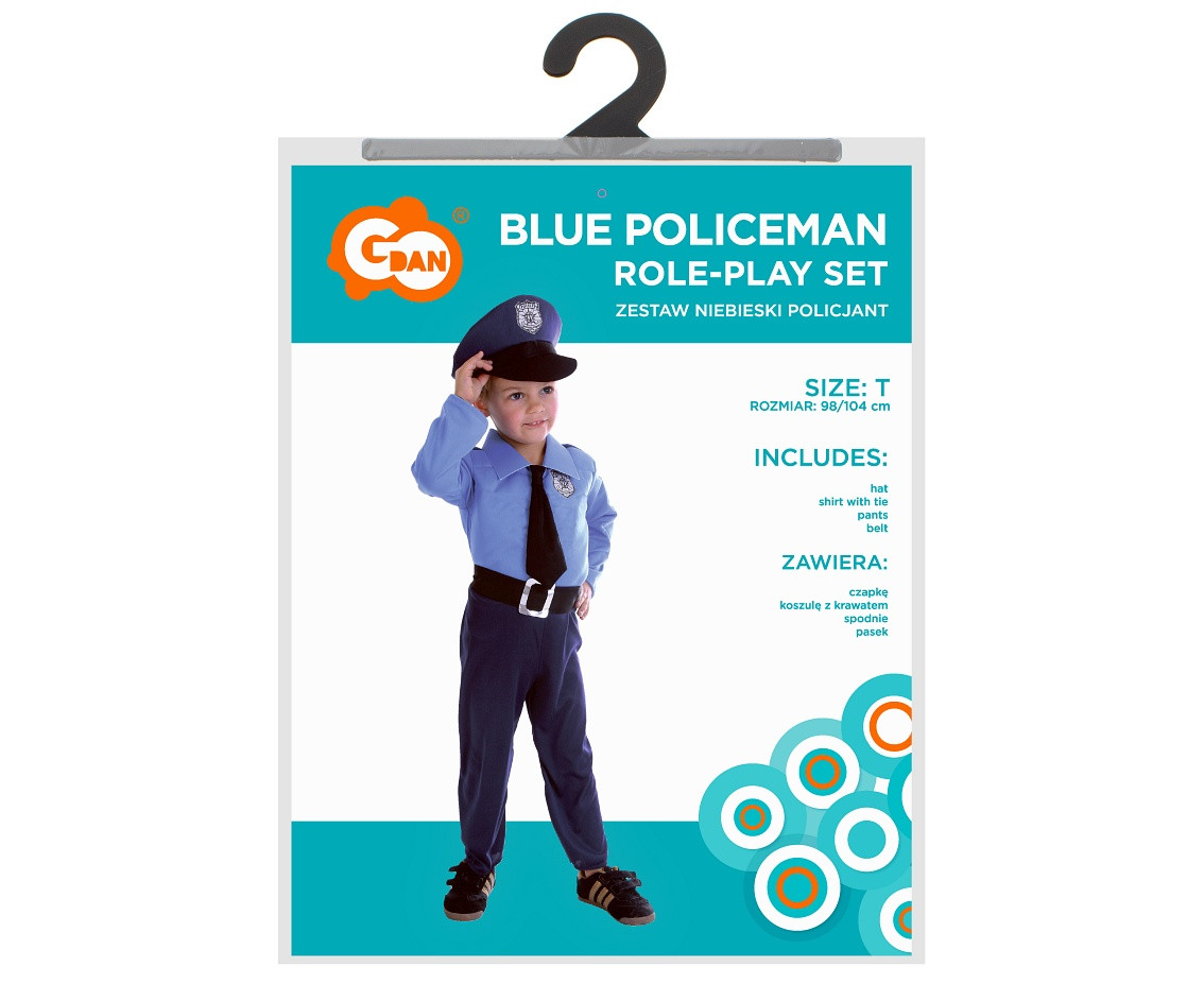 Blue Policeman role-play set for kids (hat, shirt with tie, pants, belt), size 92/104 cm