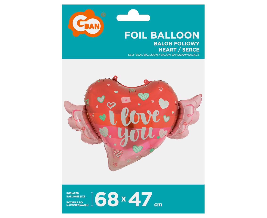 Foil balloon Heart with Wings, 68 x 47 cm EOL