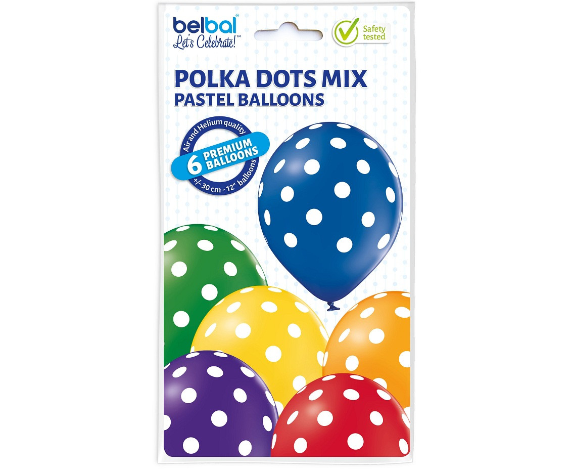 Balloons Belbal 12", D11, polks dots, mix, 6pcs