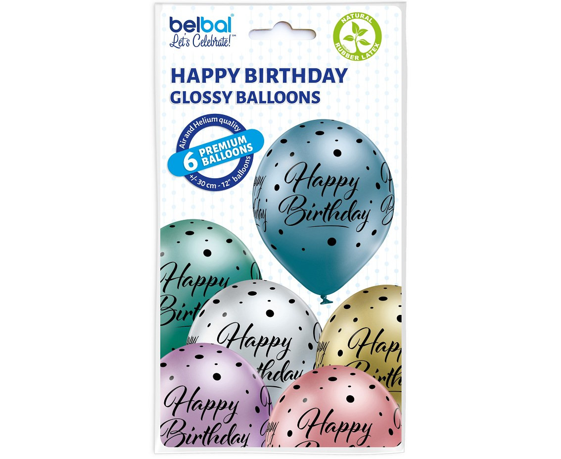 Balloons Belbal 12", D11, Happy Birthday mix, 6pcs