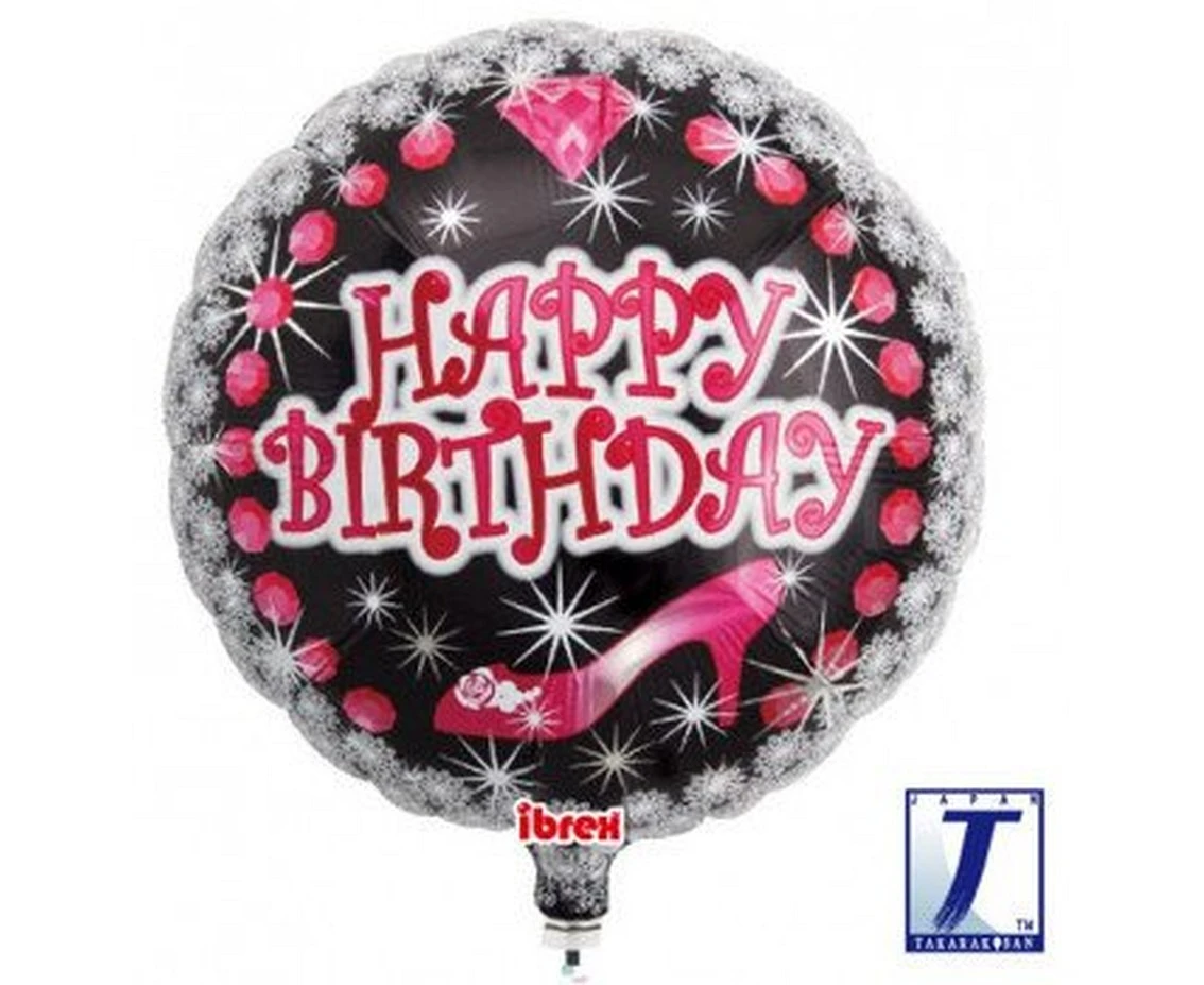 Ibrex helium balloon, Round 14", Happy Birthday Heel & Diamond, packed