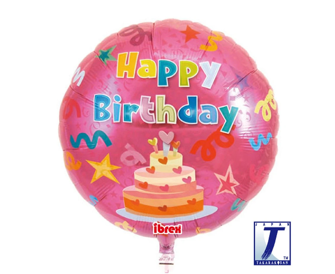 Ibrex helium balloon, Round 14", Happy Birthday Cake, red, packed