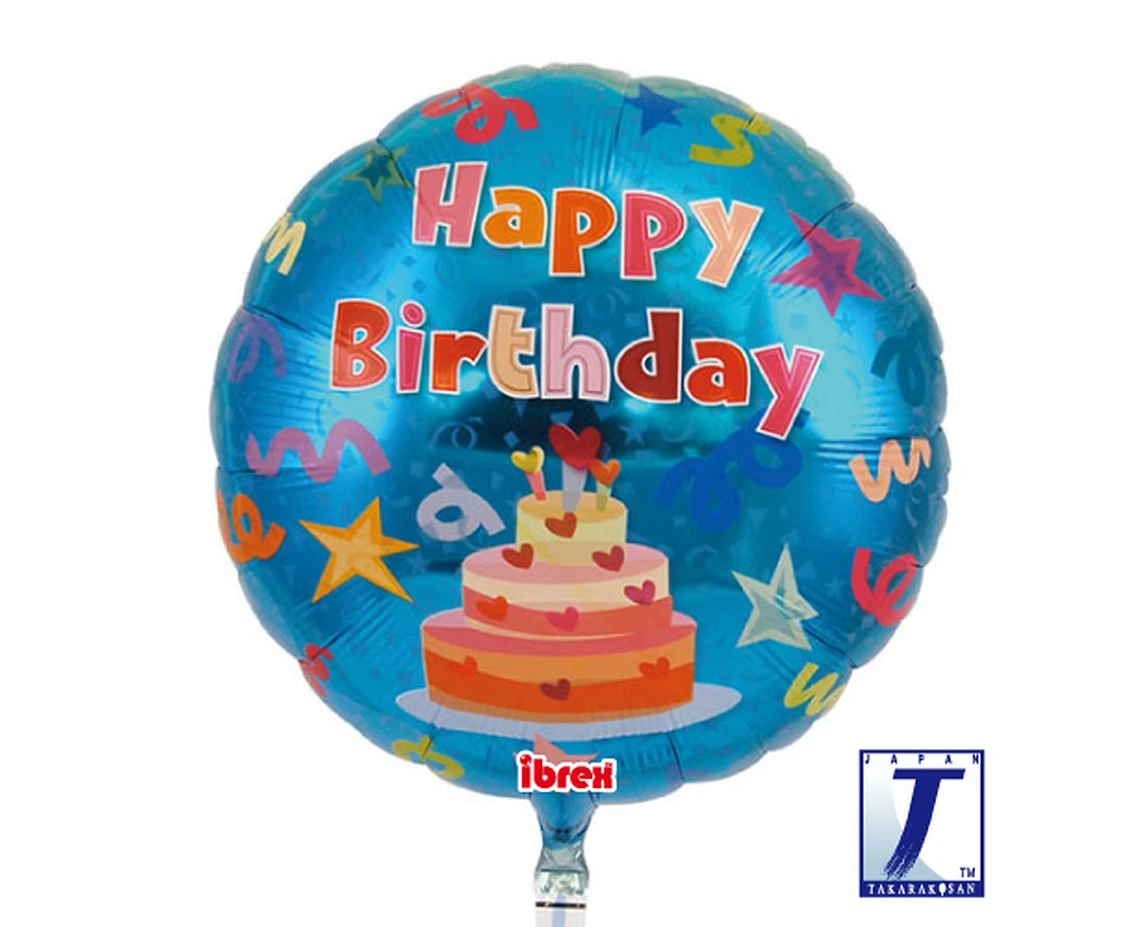 Ibrex helium balloon, Round 14", Happy Birthday Cake, blue, packed