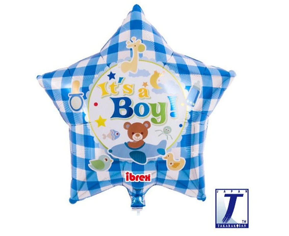 Ibrex helium balloon, Star 15", It's A Boy Bear, gingham blue, packed