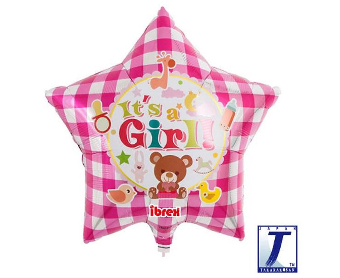 Ibrex helium balloon, Star 15", It's A Girl Bear, gingham pink, packed