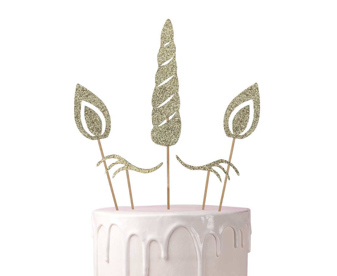 Unicorn cake topper, gold glitter, 5 pcs