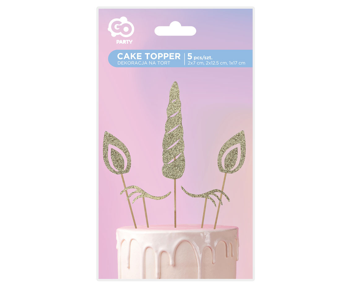 Unicorn cake topper, gold glitter, 5 pcs