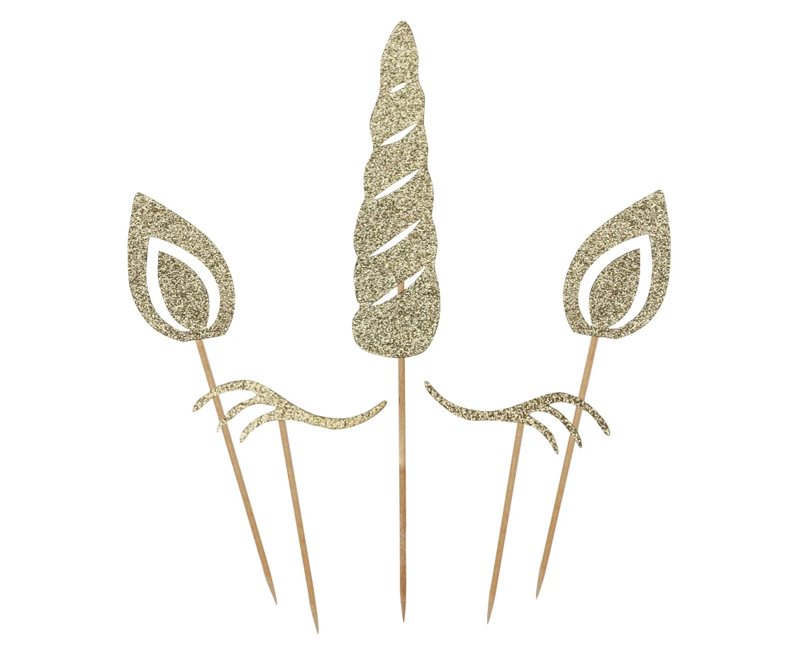 Unicorn cake topper, gold glitter, 5 pcs