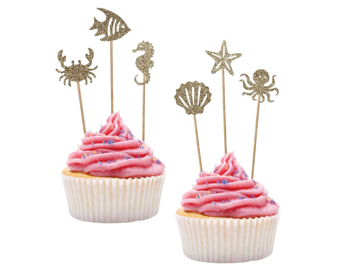 Underwater World decorative picks, gold glitter, 6 pcs