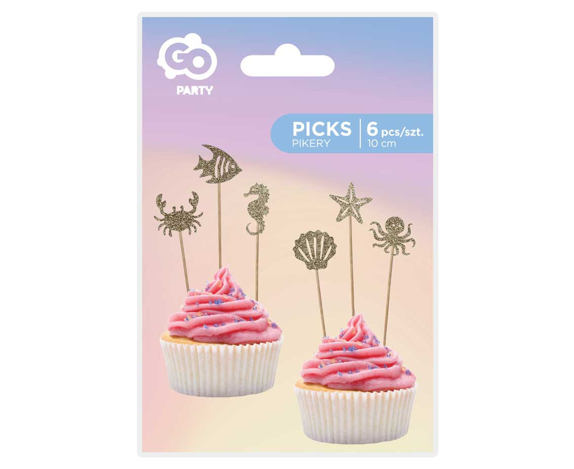 Underwater World decorative picks, gold glitter, 6 pcs