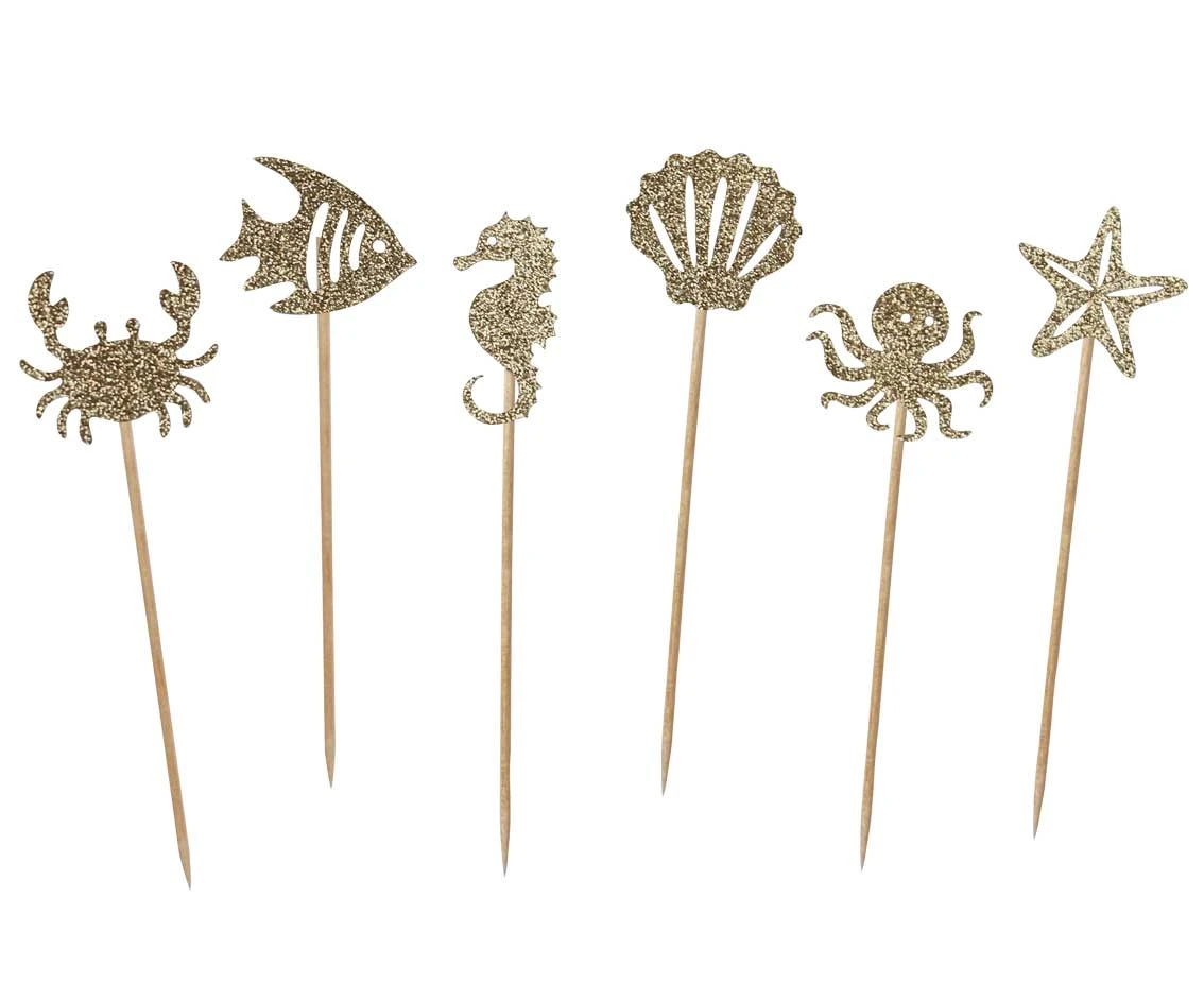 Underwater World decorative picks, gold glitter, 6 pcs