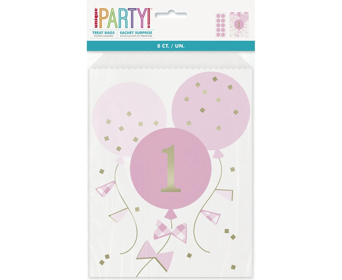 Paper treat bags Gingham 1st Birthday, pink, 8 pcs EOL