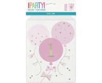 Paper treat bags Gingham 1st Birthday, pink, 8 pcs EOL