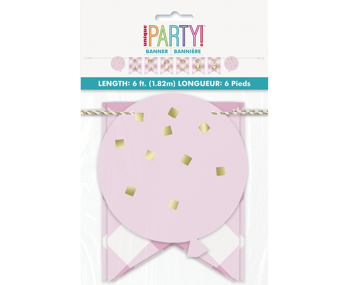Paper banner Gingham 1st Birthday, pink, 183 cm EOL