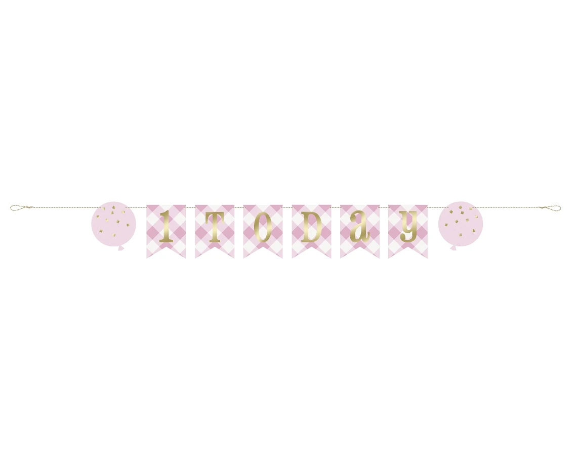 Paper banner Gingham 1st Birthday, pink, 183 cm EOL