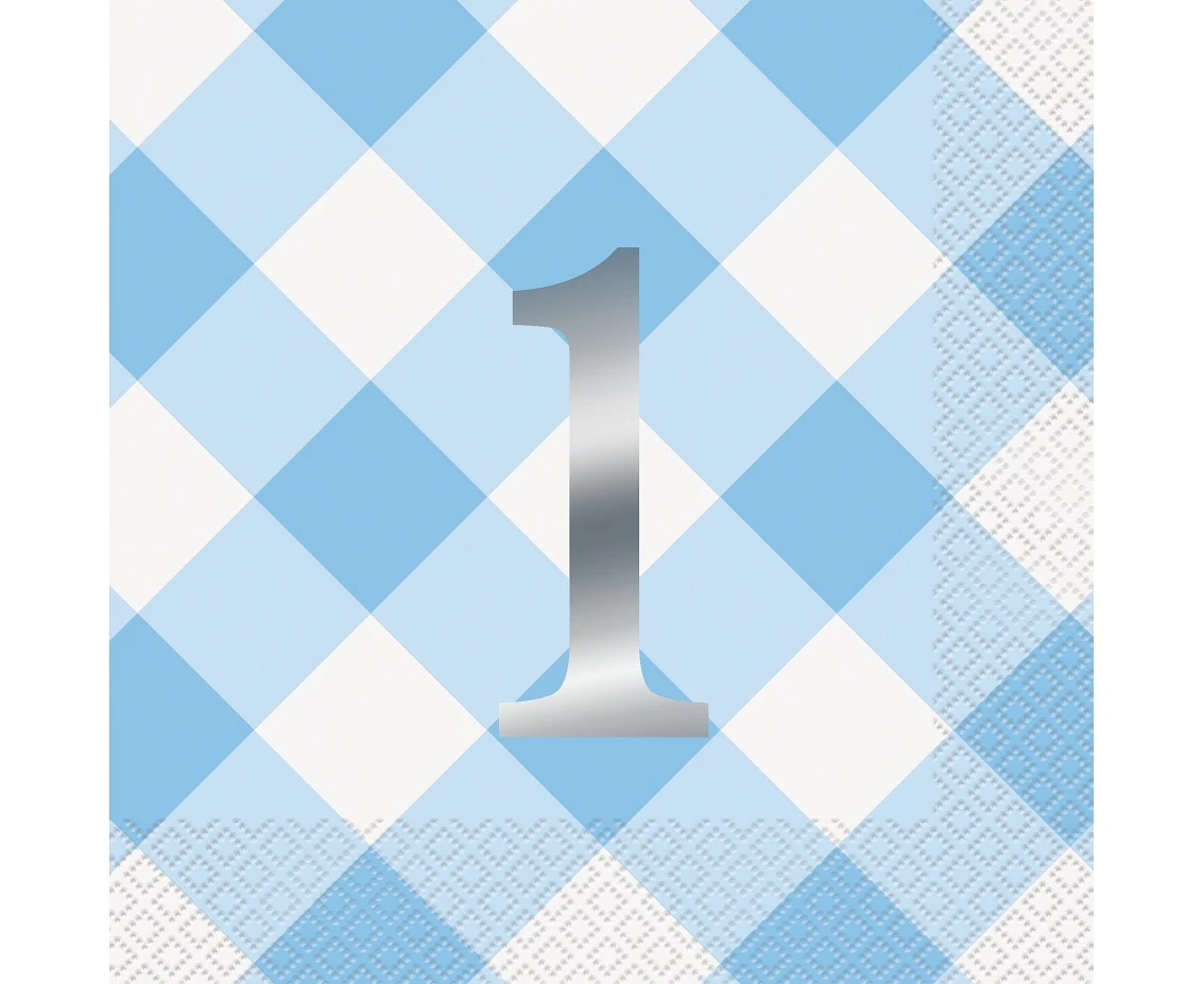 Paper napkins Gingham 1st Birthday, blue, 16 pcs EOL