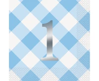 Paper napkins Gingham 1st Birthday, blue, 16 pcs EOL