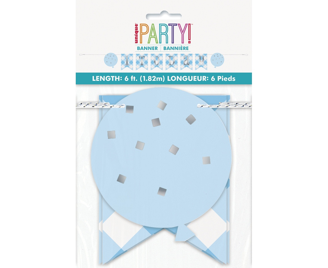 Paper banner Gingham 1st Birthday, blue, 183 cm EOL