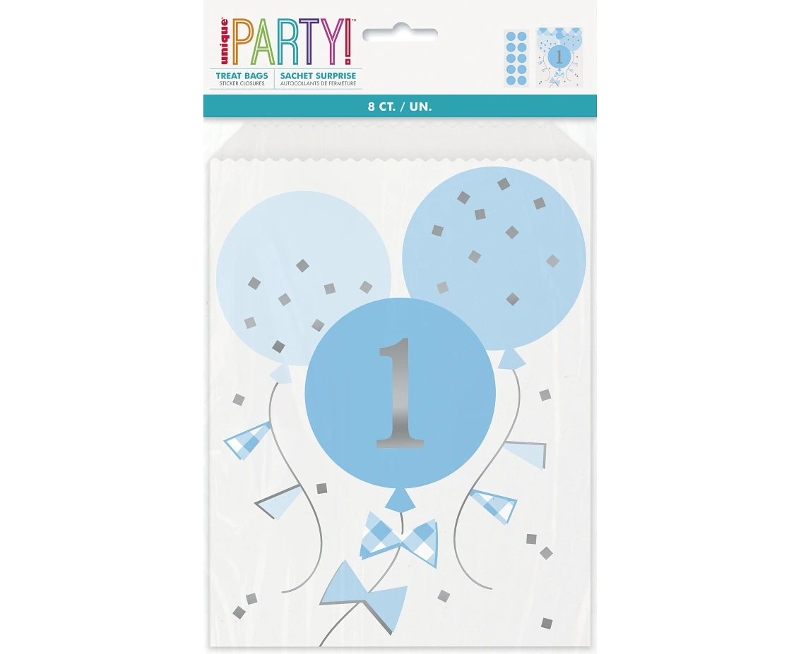 Paper treat bags Gingham 1st Birthday, blue, 8 pcs EOL