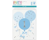 Paper treat bags Gingham 1st Birthday, blue, 8 pcs EOL