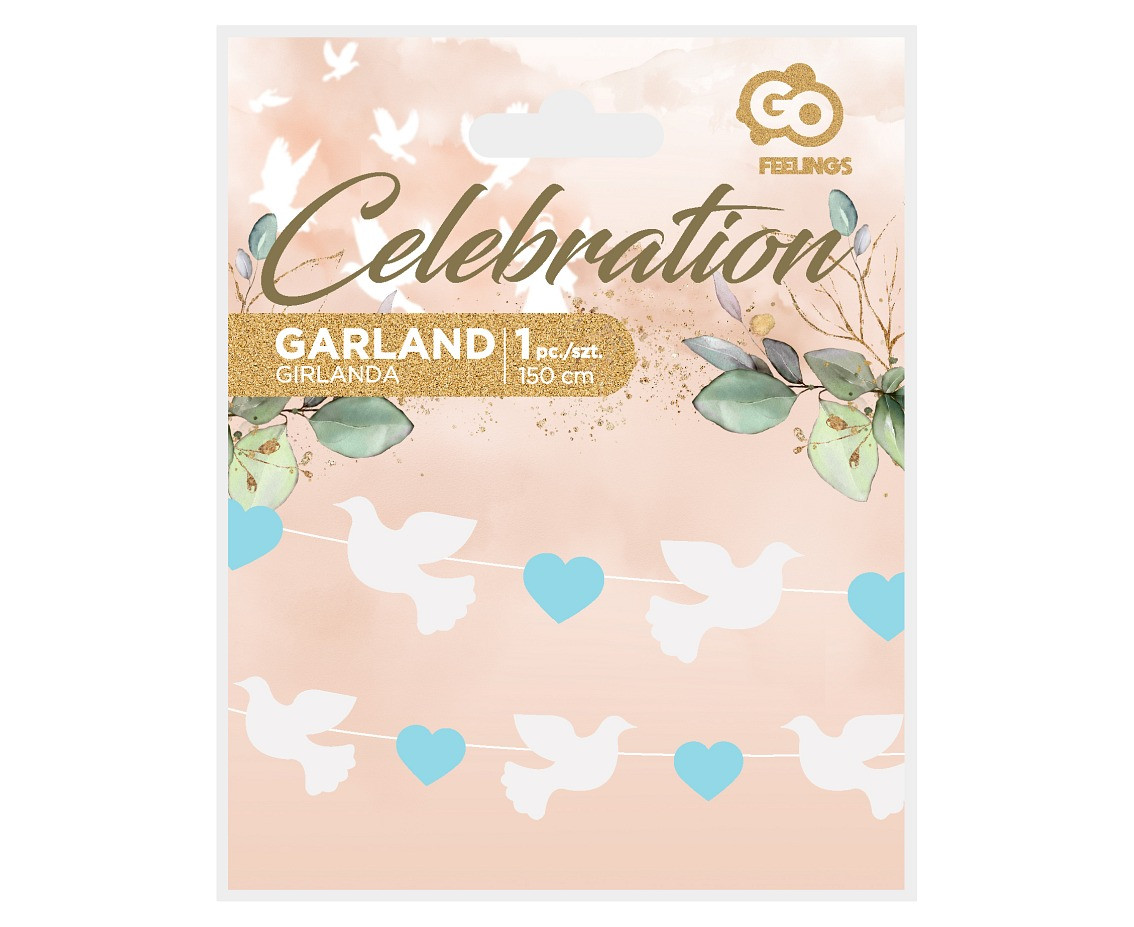 Paper garland Doves (10x8 cm), blue Hearts (5x4 cm), 150 cm EOL