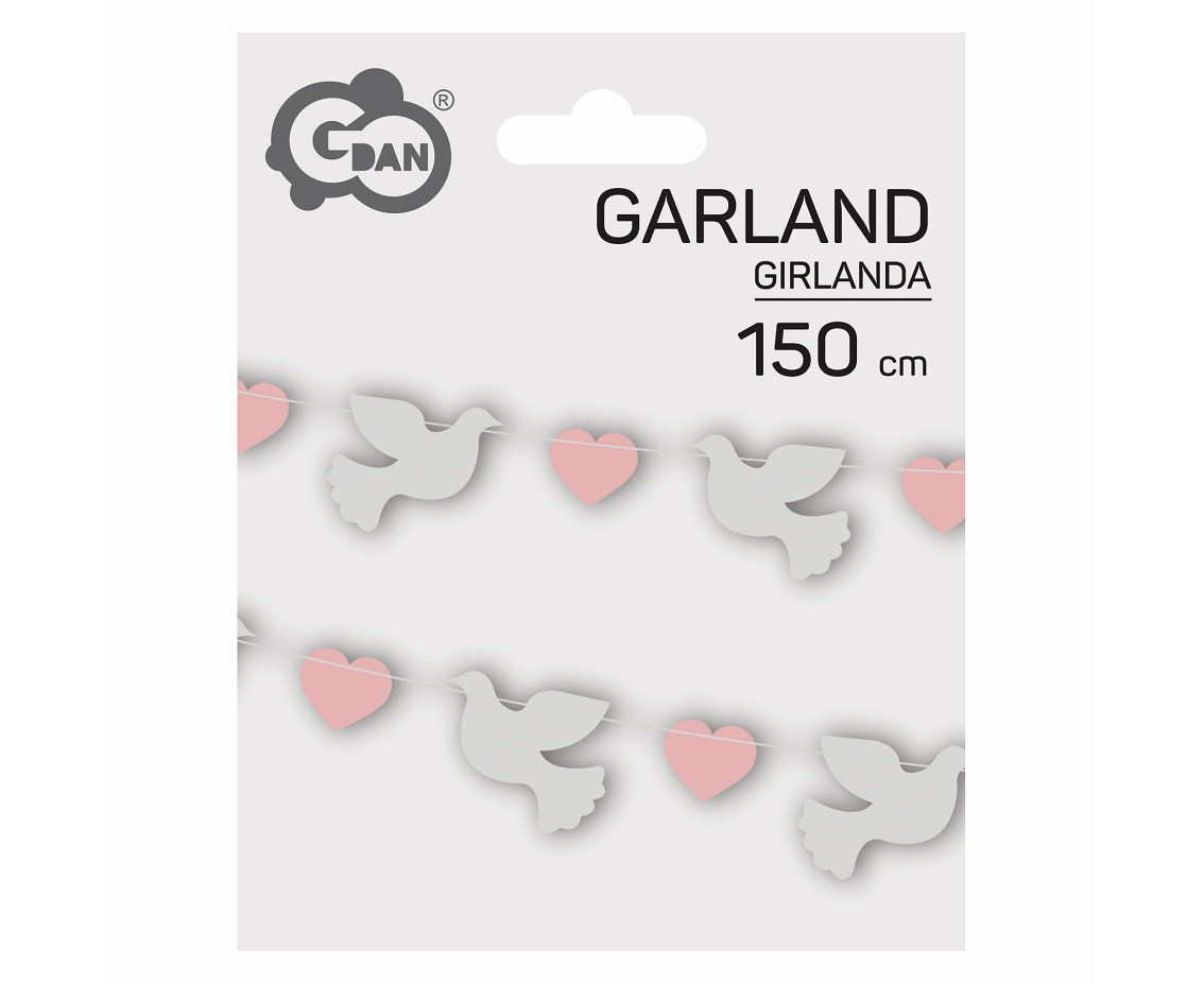 Paper garland Doves (10x8 cm), pink Hearts (5x4 cm), 150 cm