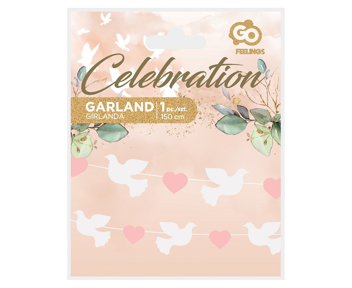 Paper garland Doves (10x8 cm), pink Hearts (5x4 cm), 150 cm