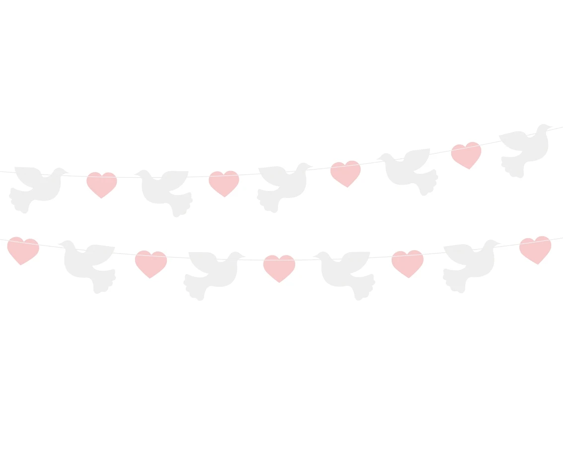 Paper garland Doves (10x8 cm), pink Hearts (5x4 cm), 150 cm