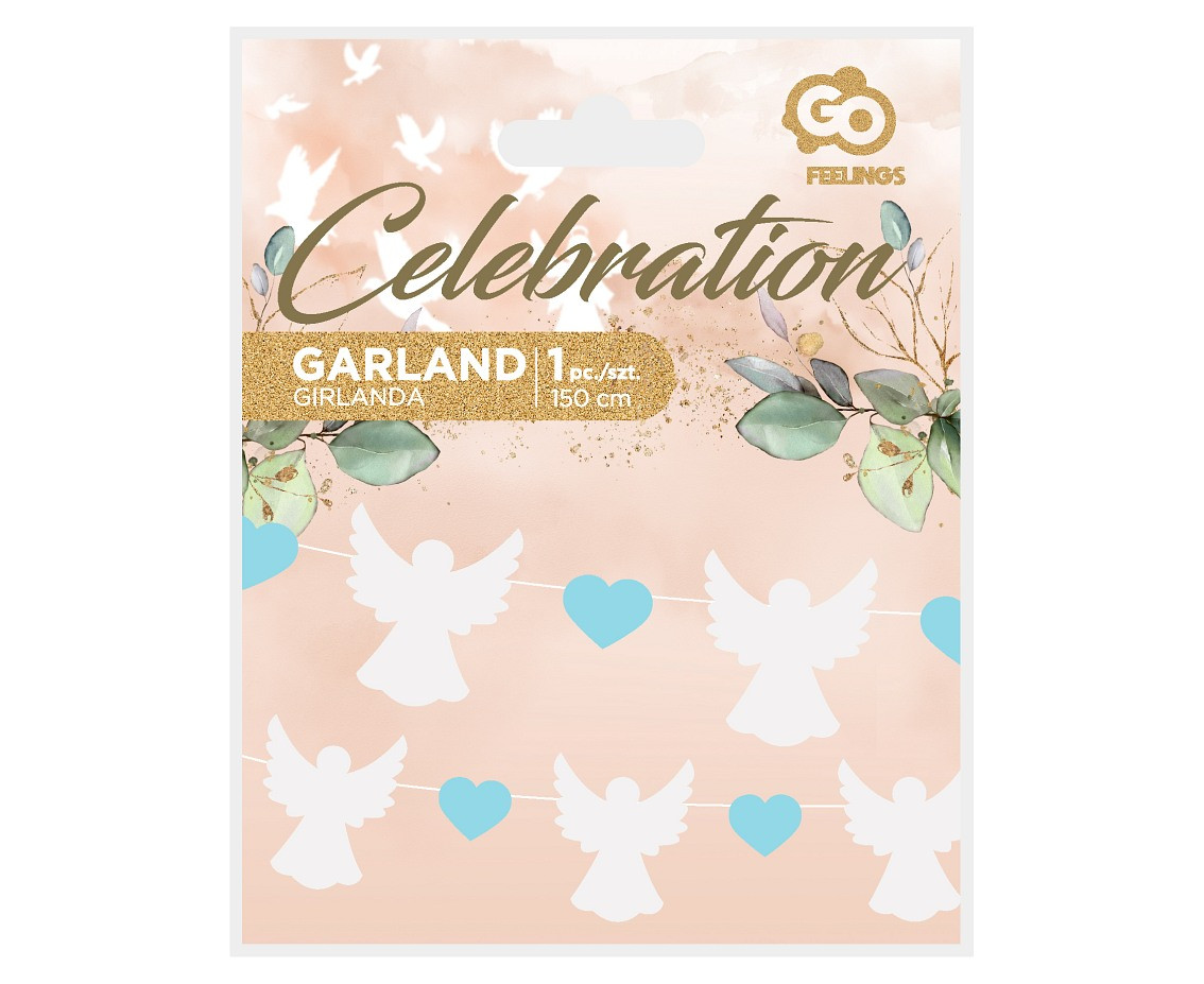 Paper garland Angels (10x12 cm), blue Hearts (5x4 cm), 150 cm