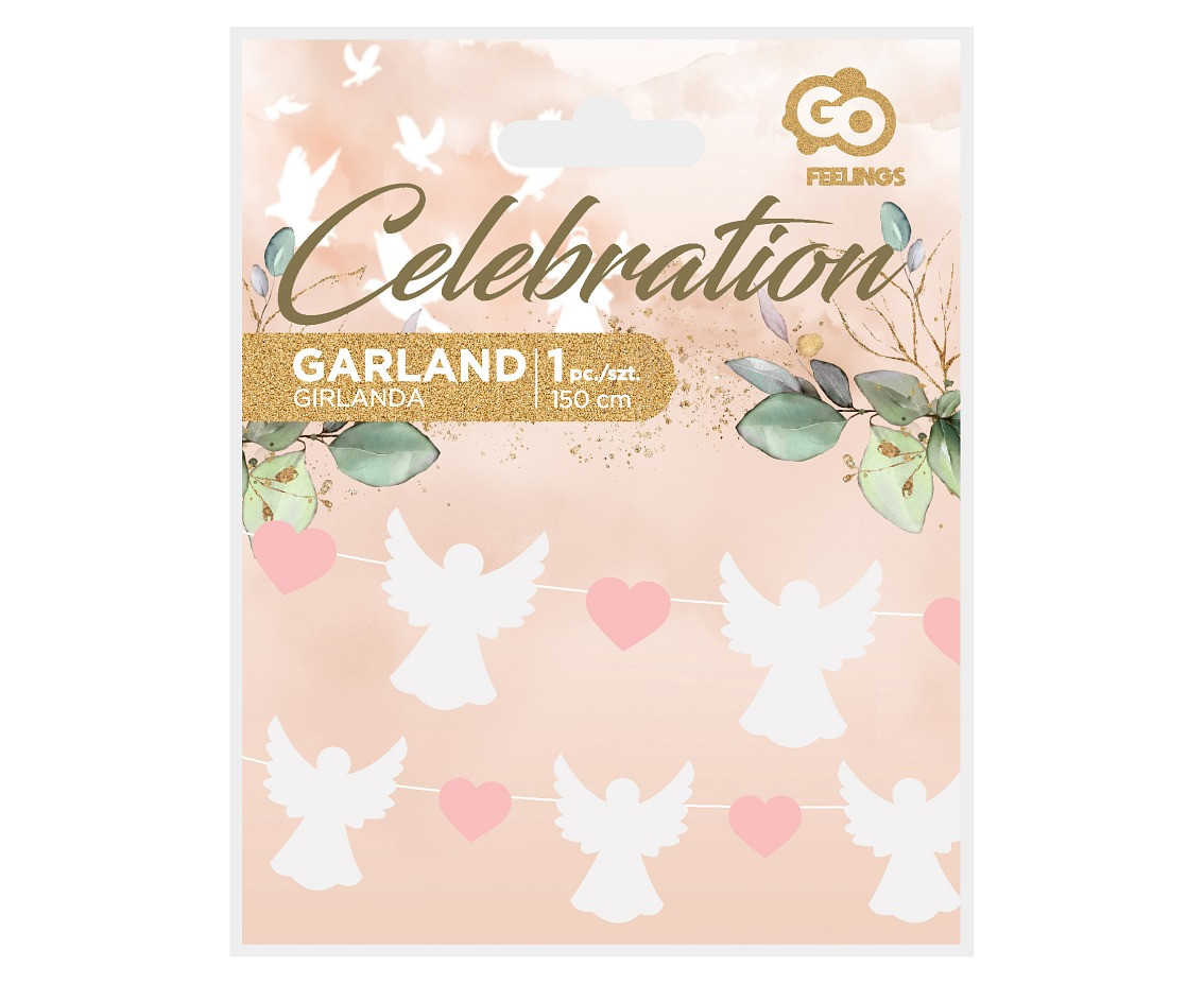 Paper garland Angels (10x12 cm), pink Hearts (5x4 cm), 150 cm