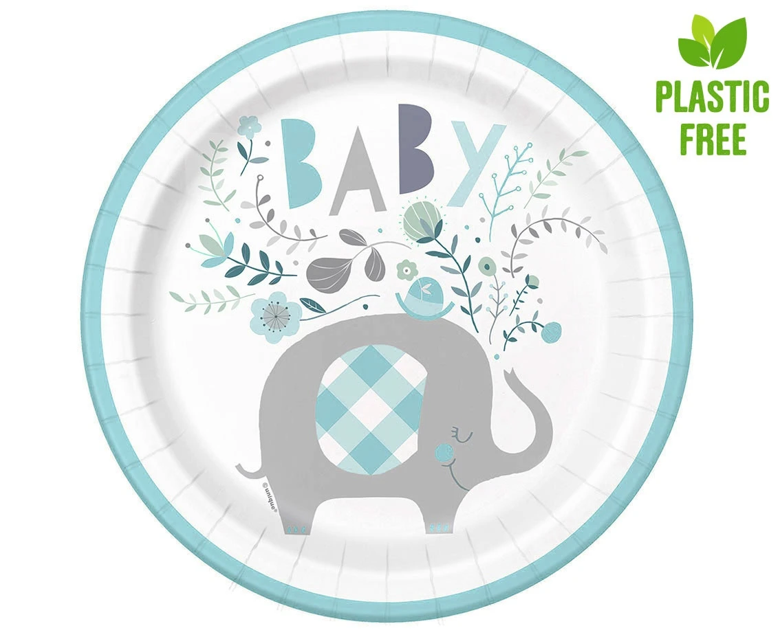 Paper plates Floral Elephant, blue, size 23 cm, 8 pcs (plastic-free) EOL