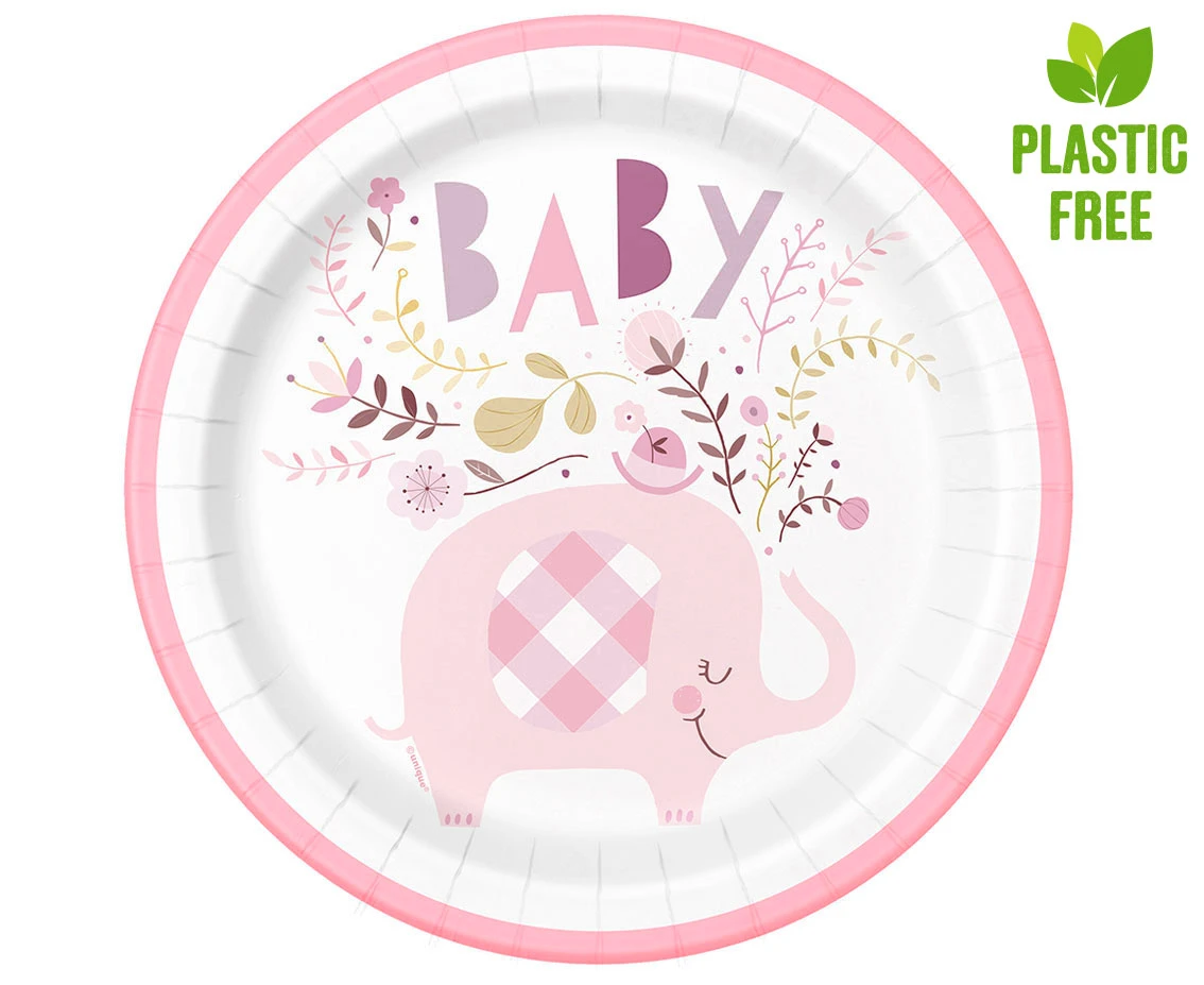Paper plates Floral Elephant, pink, size 23 cm, 8 pcs (plastic-free) EOL