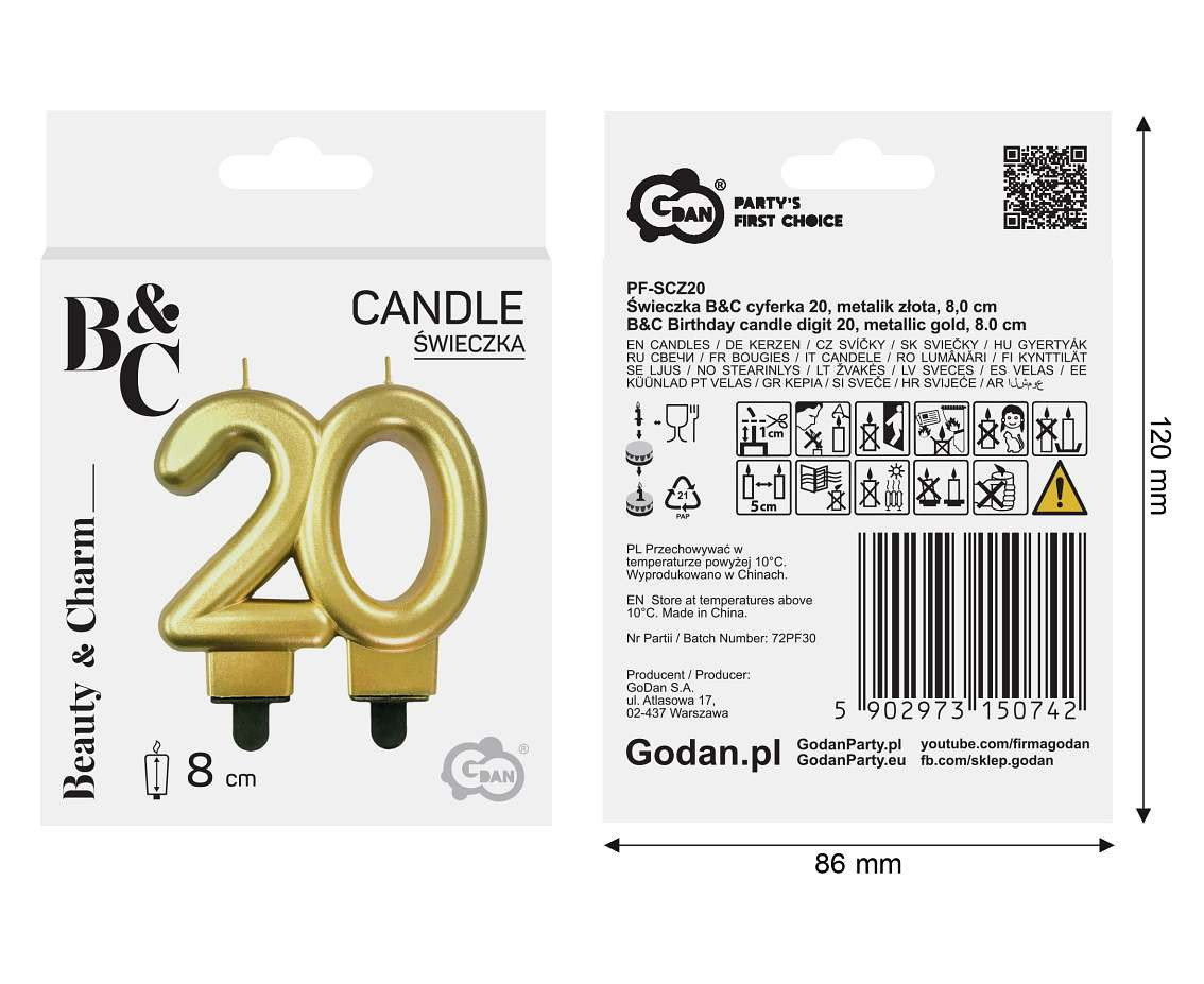 B&C number candle - 20, gold metallic, 8.0 cm