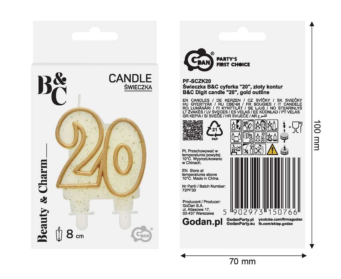 B&C number candle - 20, gold outline, 8 cm