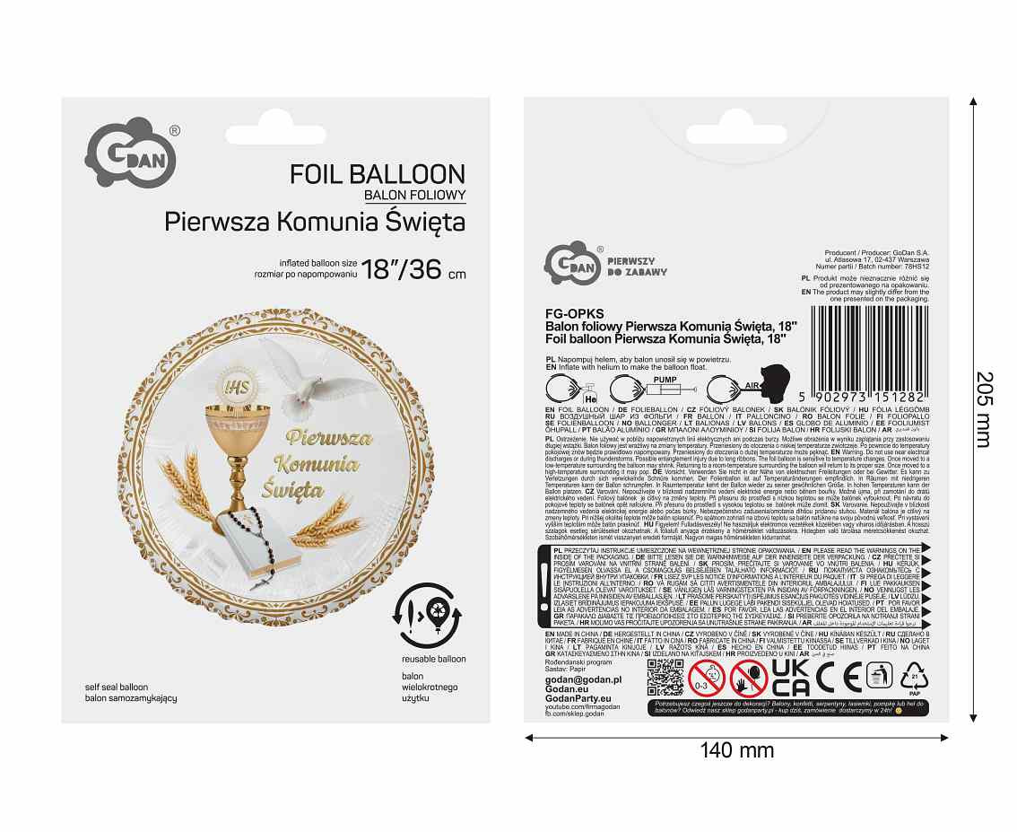 Foil balloon 1st Communion, 45 cm EOL