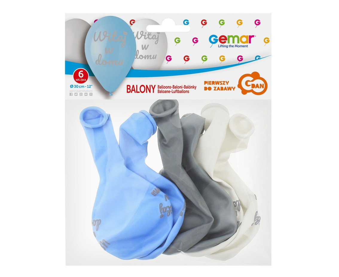 Balloons Gemar 12", pastel premium "Witaj w domu", blue, 6pcs