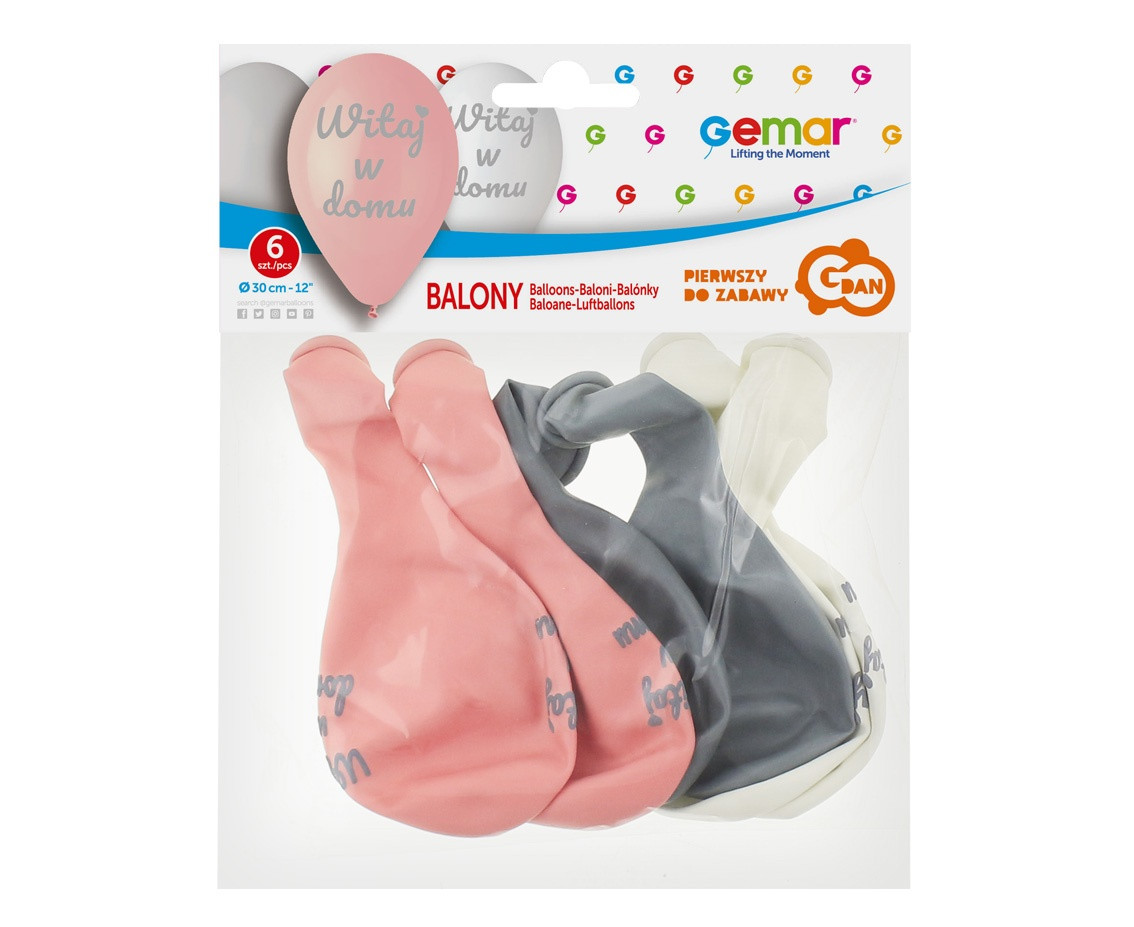 Balloons Gemar 12", pastel premium "Witaj w domu", pink, 6pcs