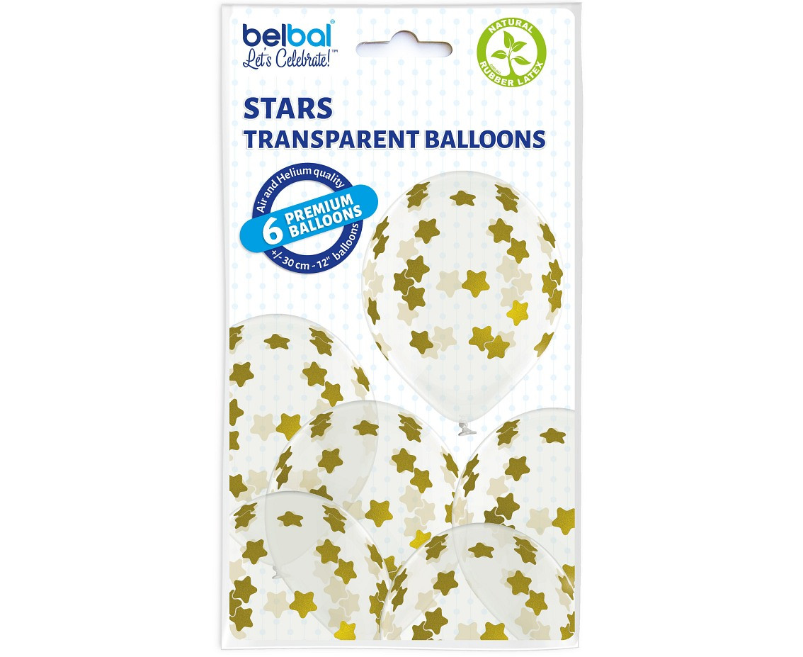 Balloons Belbal 12", D11, stars, clear, 30 cm, 6 pcs