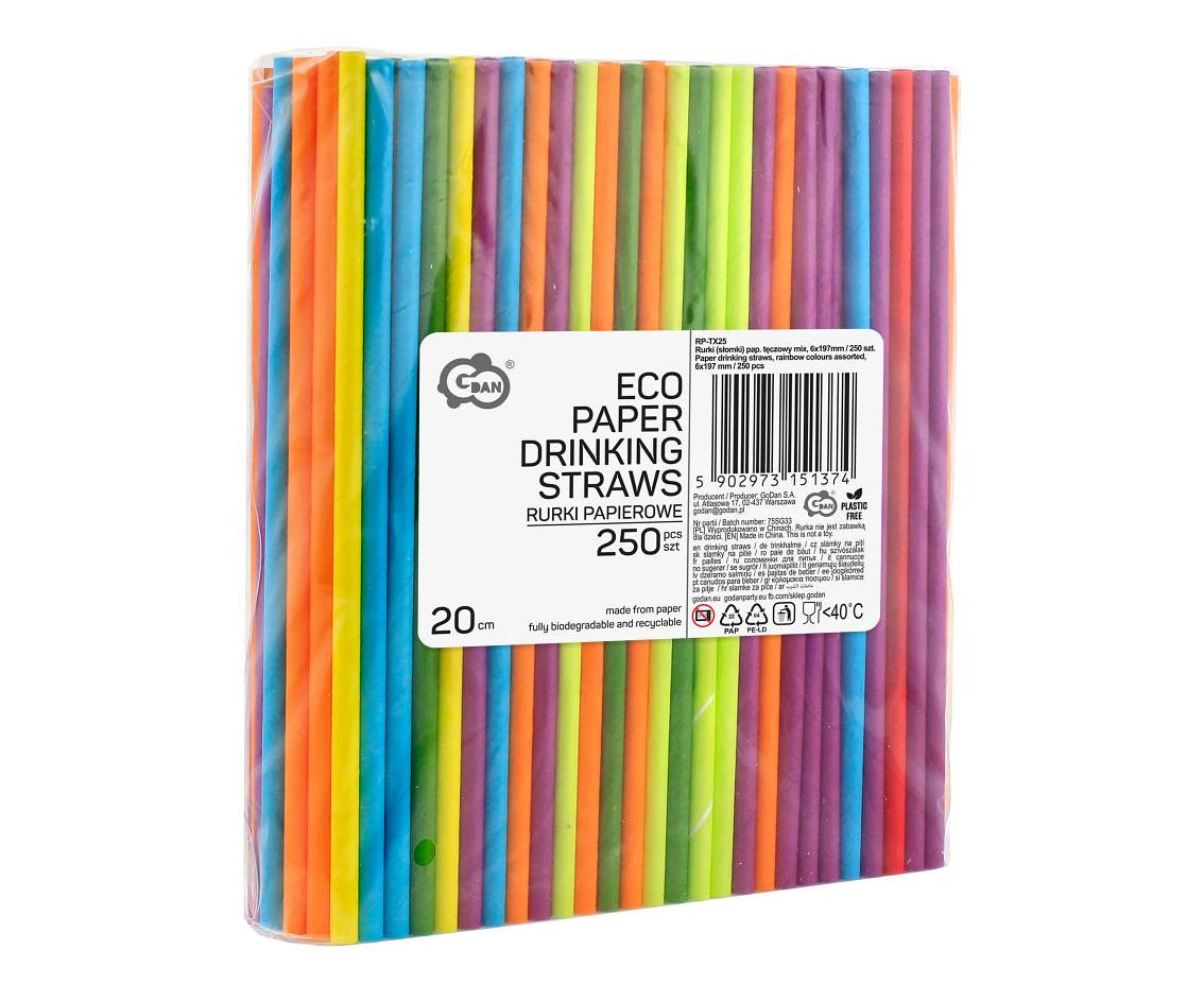 Paper drinking straws, rainbow colours assorted, 6x197 mm / 250 pcs.