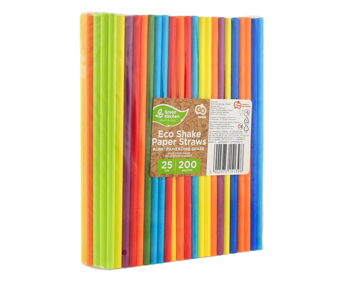 Paper drinking straws SHAKE, rainbow colours assorted, 8x252 mm / 200 pcs EOL