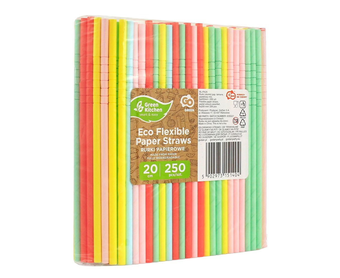 Flexible paper straws, pastel colours assorted, 6x200 mm/ 250 pcs, EC EOL