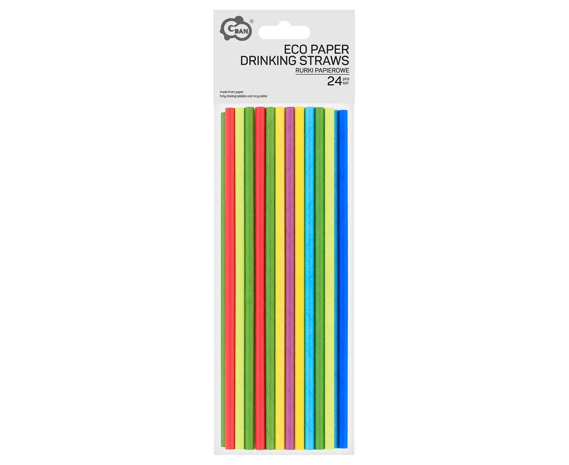 Paper drinking straws, rainbow colours assorted, 6x197 mm / 24 pcs