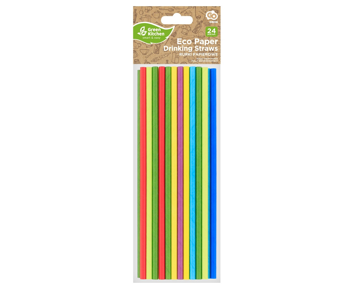 Paper drinking straws, rainbow colours assorted, 6x197 mm / 24 pcs