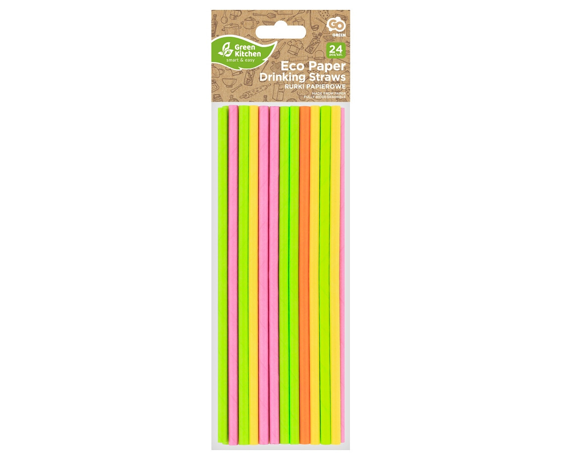 Paper drinking straws, neon colours assorted, 6x197 mm / 24 pcs