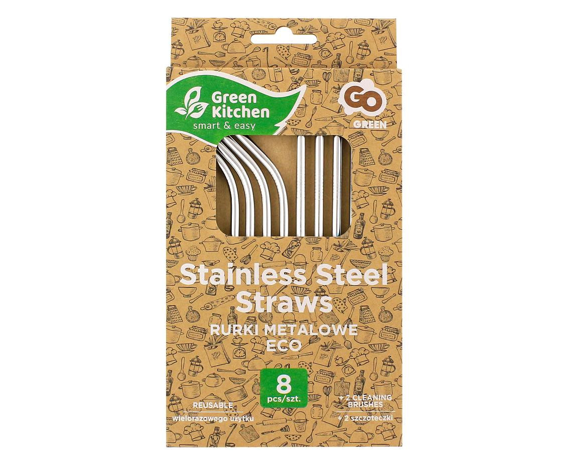 Stainless steel straws, silver, 4 straight, 4 bent, 2 cleaning brushes