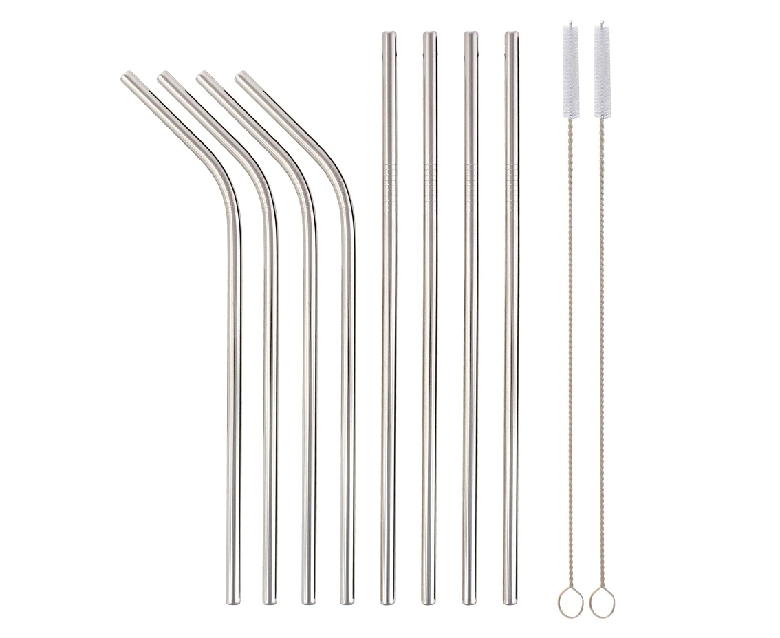 Stainless steel straws, silver, 4 straight, 4 bent, 2 cleaning brushes