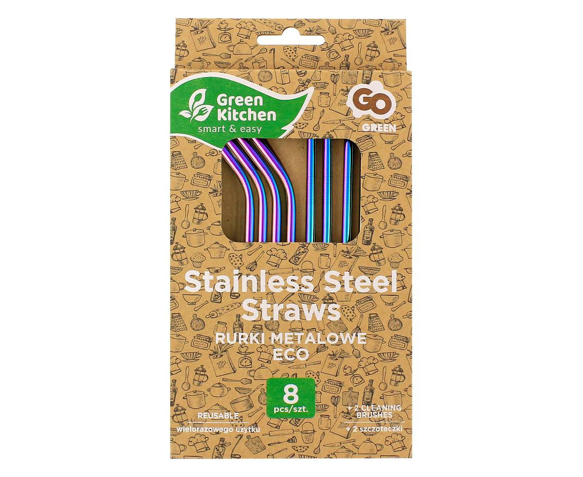 Stainless steel straws, rainbow, 4 straight, 4 bent, 2 cleaning brushes EOL