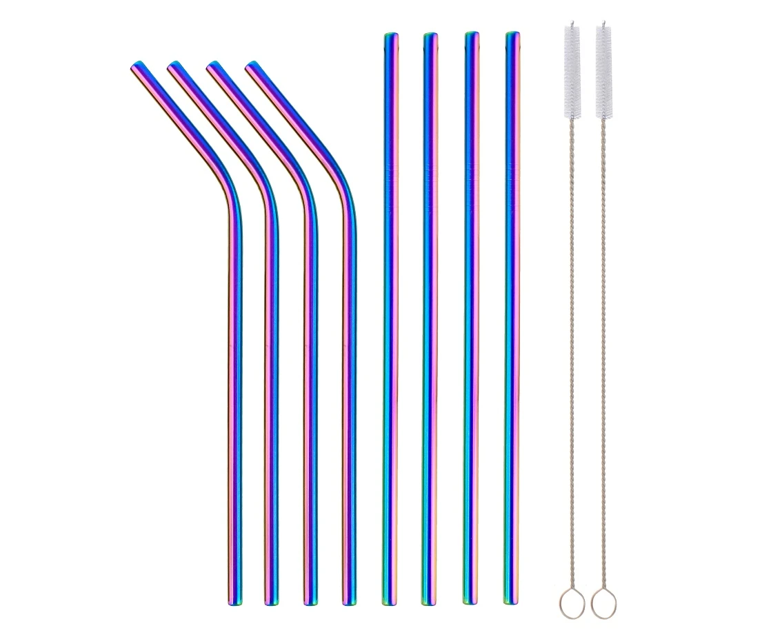 Stainless steel straws, rainbow, 4 straight, 4 bent, 2 cleaning brushes EOL